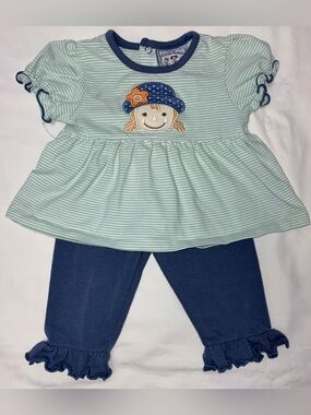 Three Sisters striped appliquéd top with ruffled hem pants sz 3 months EUC